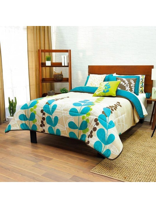 Blue Floral Bedding Set, Beige & Turquoise