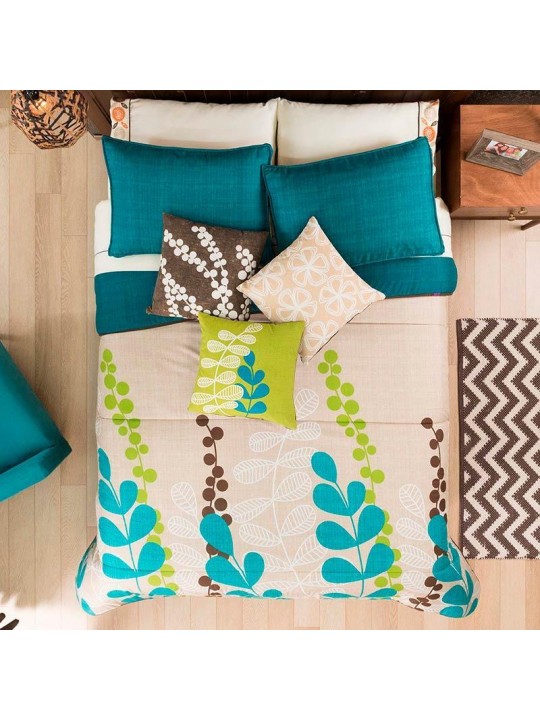 Blue Floral Bedding Set, Beige & Turquoise