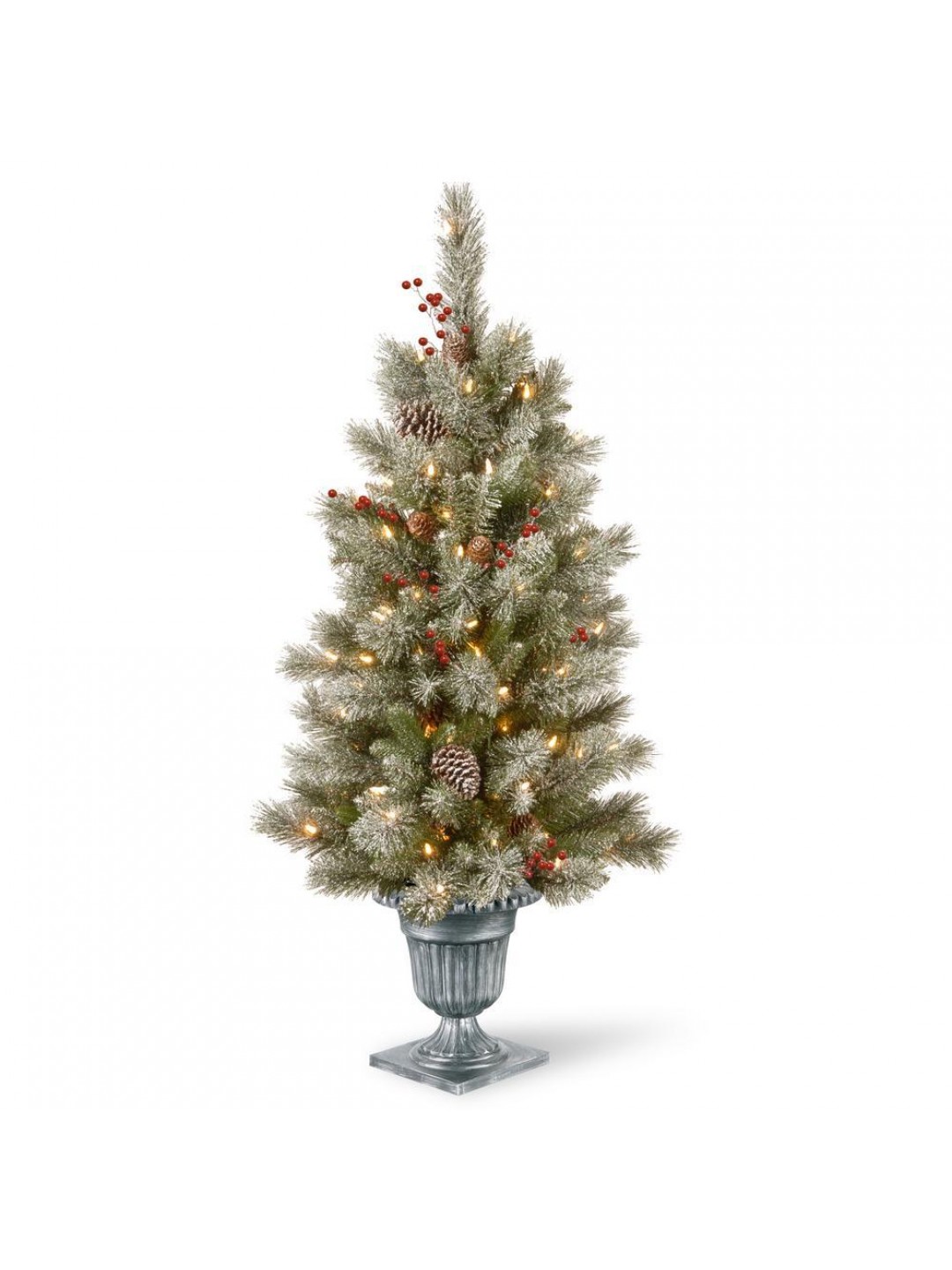 4 ft. Feel Real Snowy Bristle Berry Entrance Tree in Silver Brushed Urn with Red Berries, Mixed Cones and 100 Clear Lig