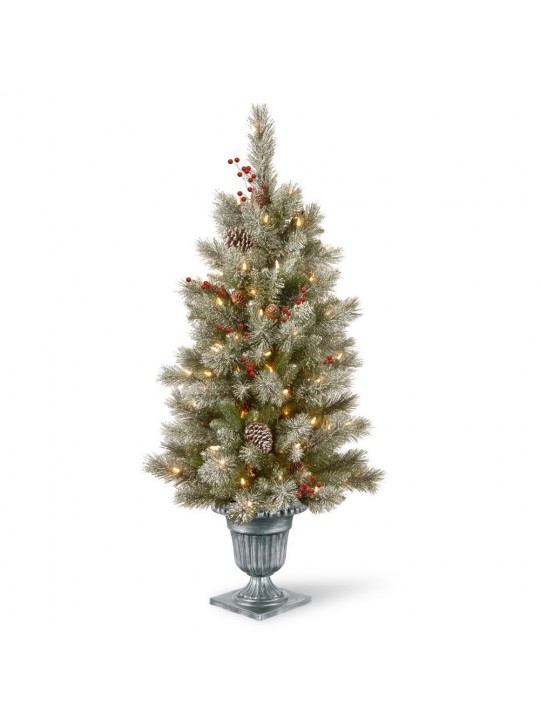 4 ft. Feel Real Snowy Bristle Berry Entrance Tree in Silver Brushed Urn with Red Berries, Mixed Cones and 100 Clear Lig