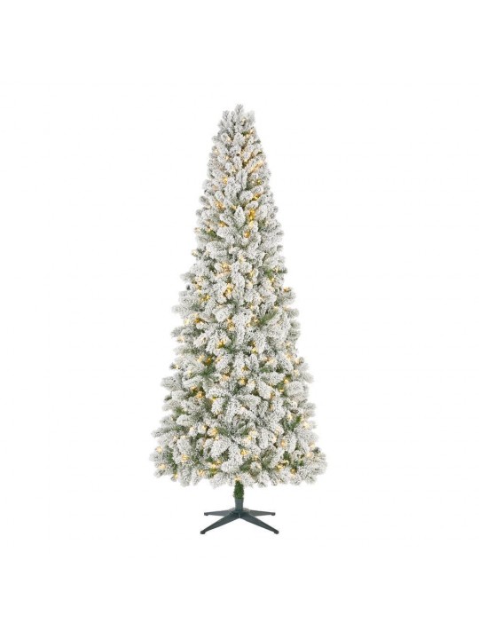 9 ft. Pre-lit LED Heavy Flocked Wesley Slim Long Needle Artificial Christmas Pine with 550 SureBright Warm White Lights