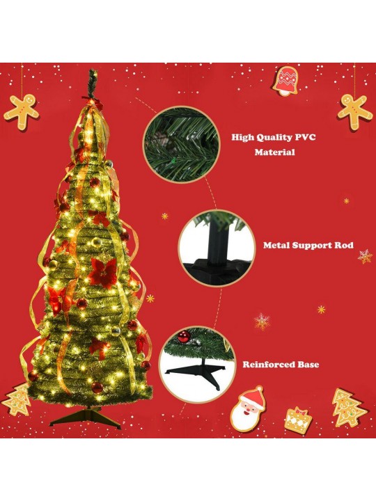 6 ft. Green Pre-Lit LED Pop-Up Artificial Christmas Tree with 250 Warm White Lights, Bows, Balls and Ribbon