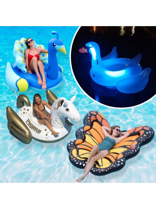Animal Kingdom Extra Large Swimming Pool Floats Combo Value Pack: Light-Up Swan, Peacock, Monarch, Peus