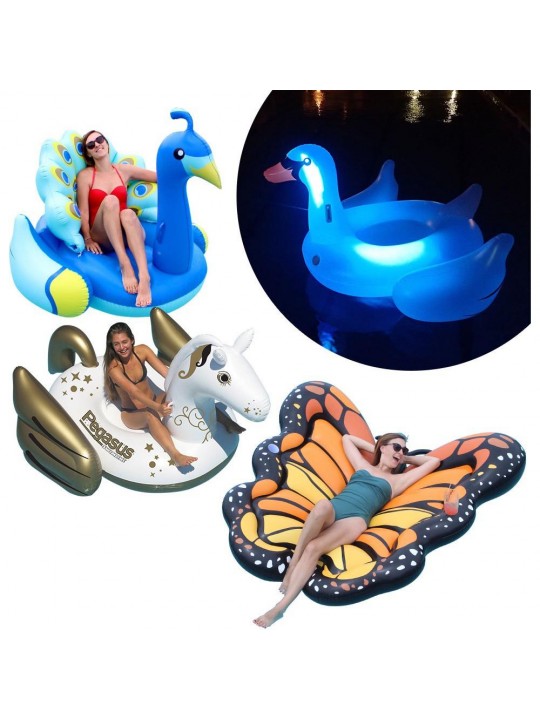 Animal Kingdom Extra Large Swimming Pool Floats Combo Value Pack: Light-Up Swan, Peacock, Monarch, Peus